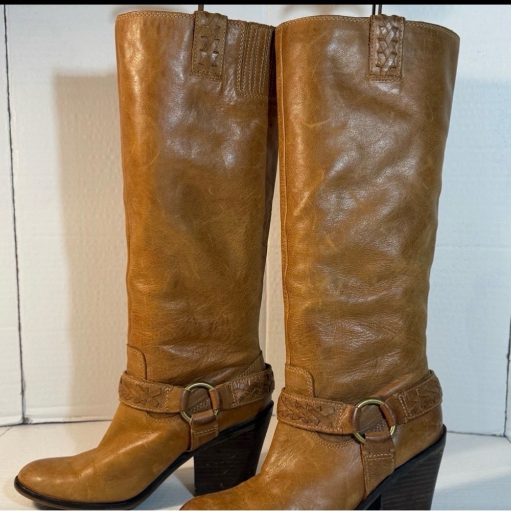 Lucky Brand Leather Knee High Boots Womens 8 Western Ethelda Buckle Harness 3.5"